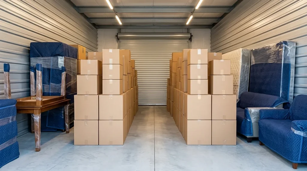 Aerial view of neatly stacked cardboard boxes in organized rows inside a clean storage unit with white walls and floors.